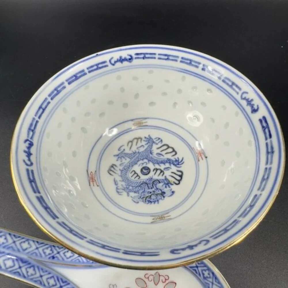 Vintage Chinese‎ Porcelain Rice Grain Bowl And Spoon Decorated Bowl With Sticker
